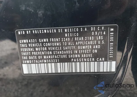 2015 Volkswagen Jetta 1.8T Se z USA, uszkodzony, nr VIN 3VWD17AJ4FM353231